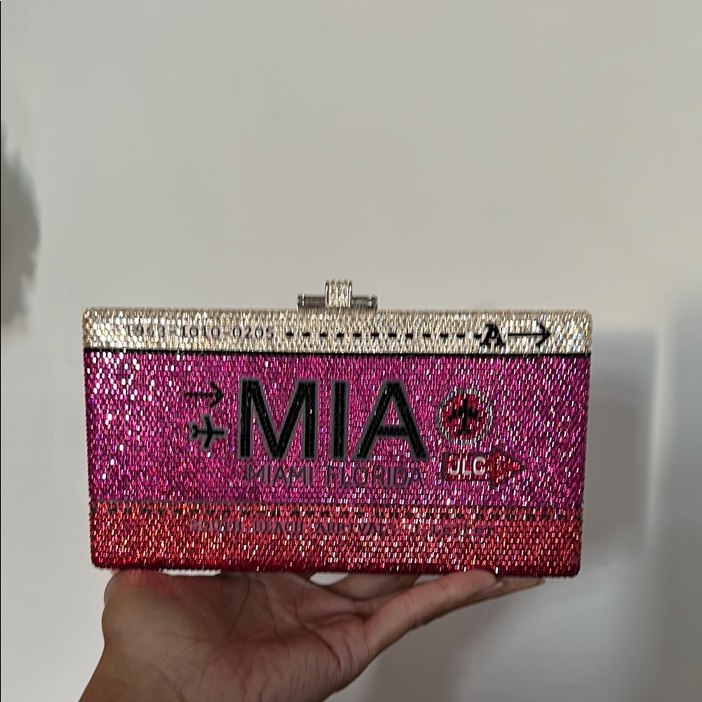 Judith Leiber Pink and Silver Crystal Miami Clutch